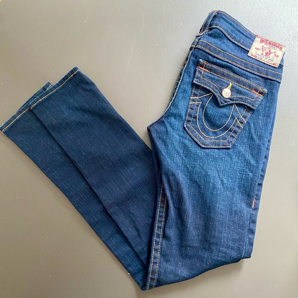True Religion Women's Dark Blue Jeans size 29 with Contrast gold Stitching